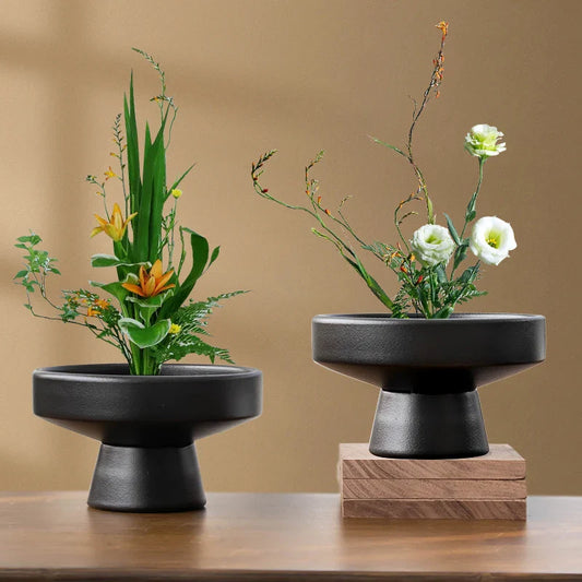 Retro Black Ceramic Vase Plant Flowerpot Tabletop Home Decor