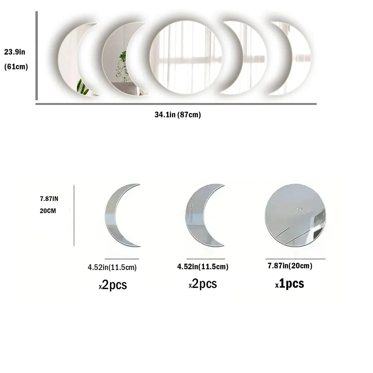 5PCS Moon Phase Acrylic Mirror Wall Sticker Home Decor