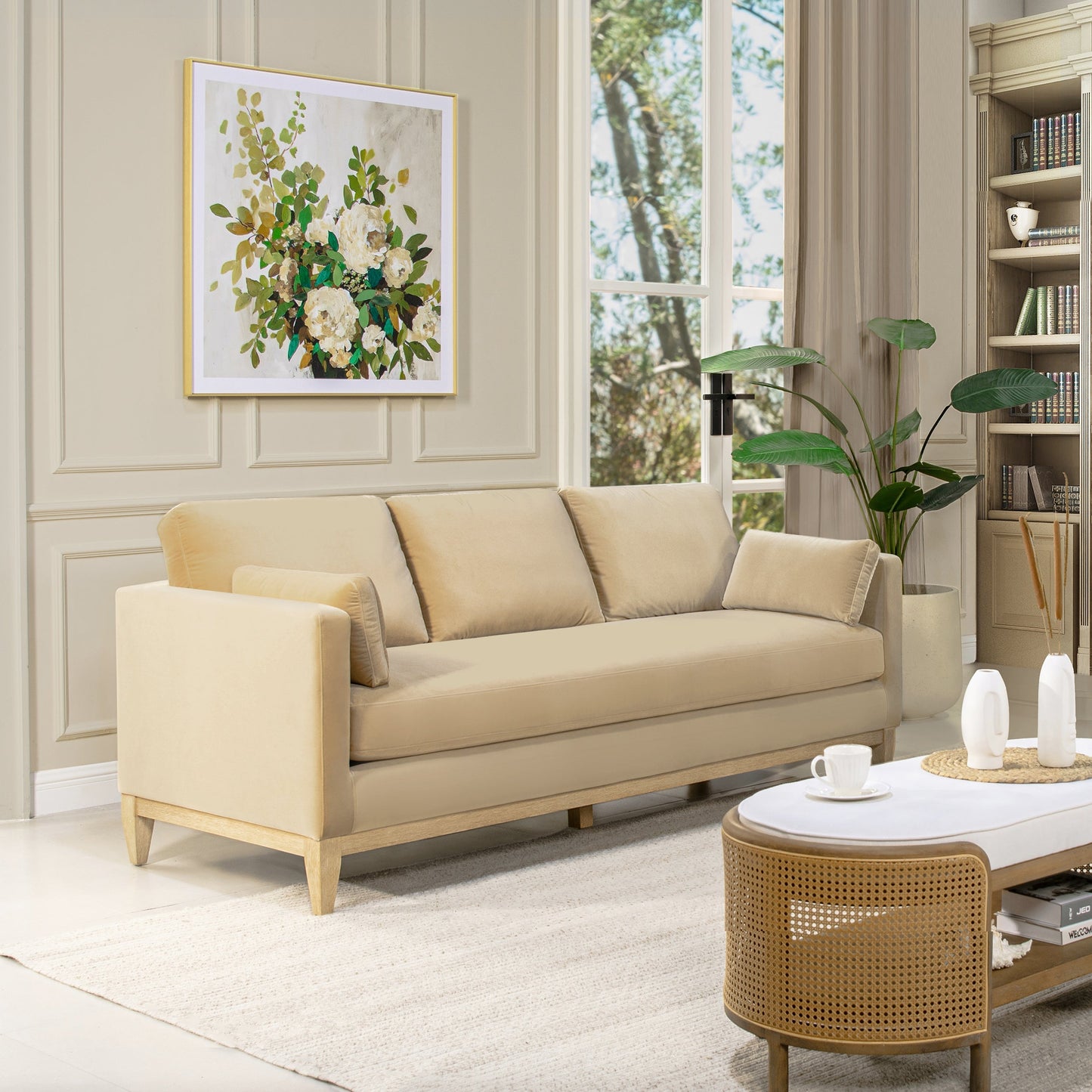84' Modern Farmhouse Sofa, Fawn Brown Performance Velvet