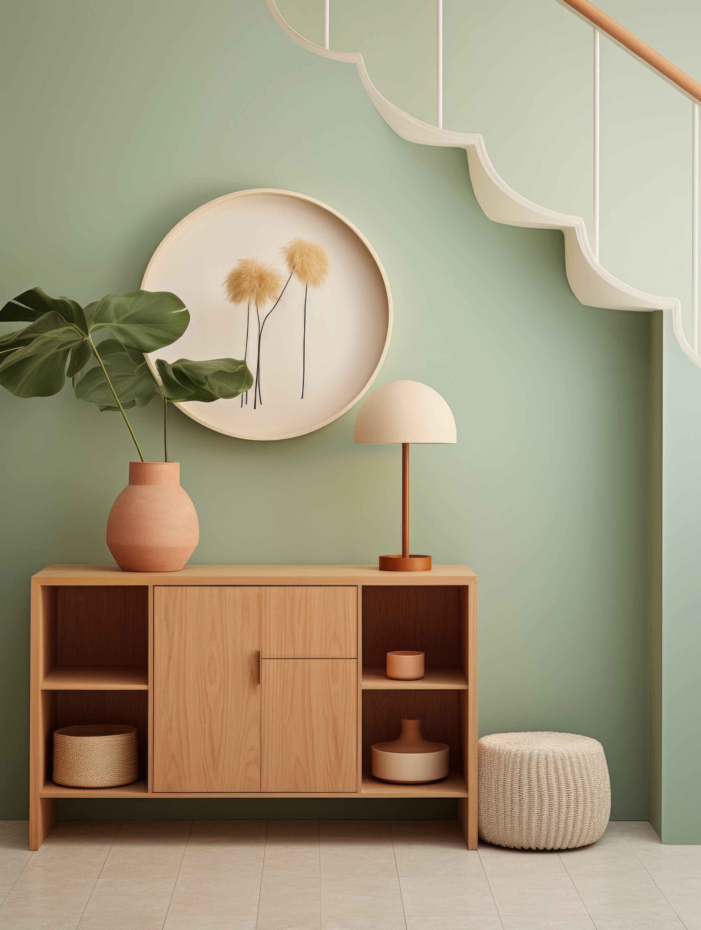 Wooden sideboard against a green wall with decorative items

