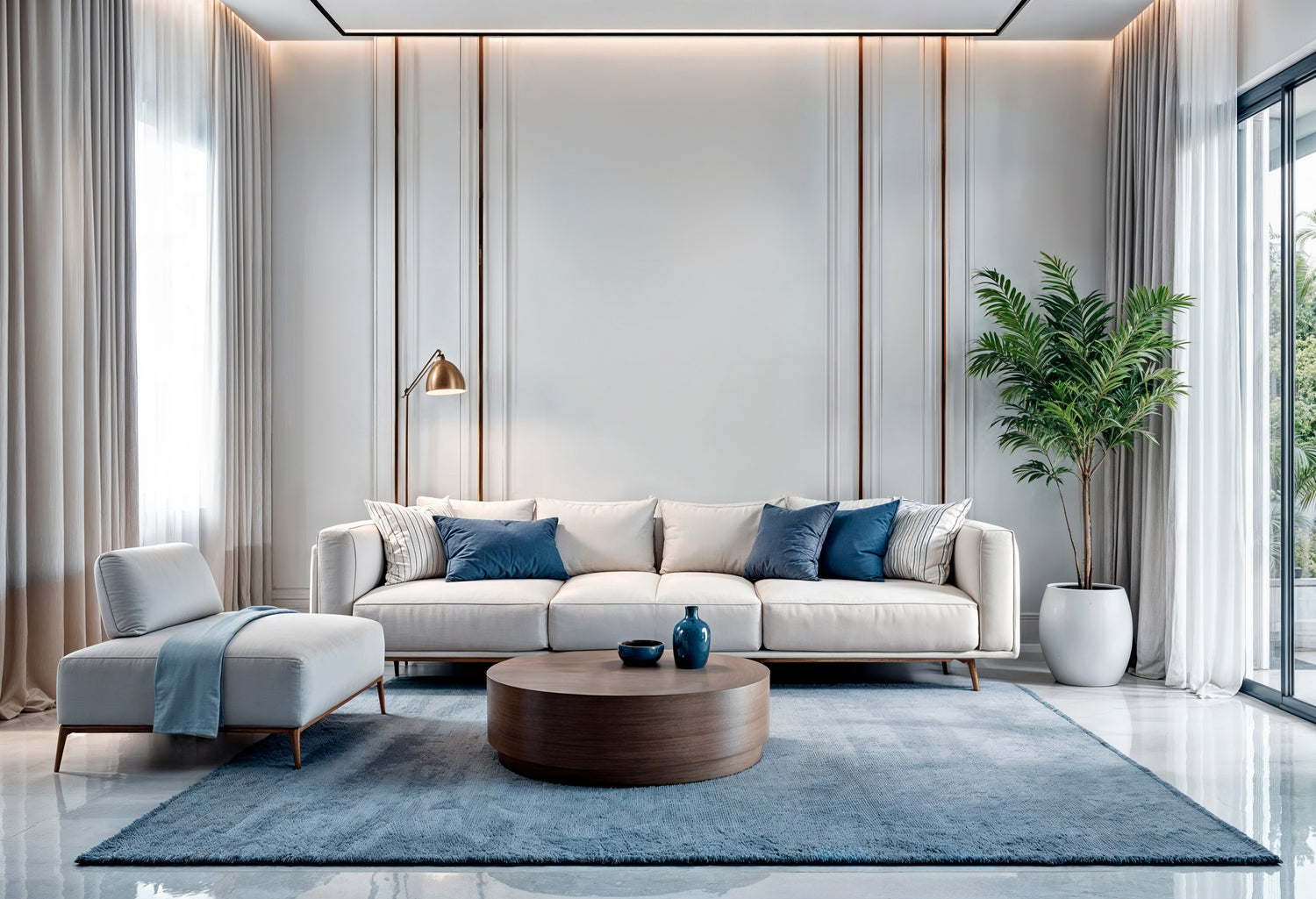Modern living room with a white sofa, coffee table, and decorative pillows.